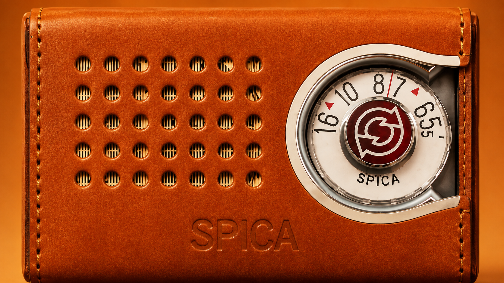Radio Spica vintage, cuero marrón, dial redondo